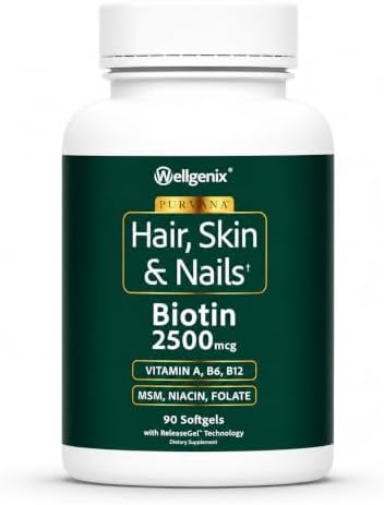 Wellgenix Purvana Hair Skin and Nails Supplement – 2500mcg Biotin Softgels with MSM & B-Complex – Daily Beauty Support for Stronger Nails & Hair Vitality – 90 Softgels | MSM, alpha lipoic acid & grape seed softgels for thicker-looking hair, stronger-look…