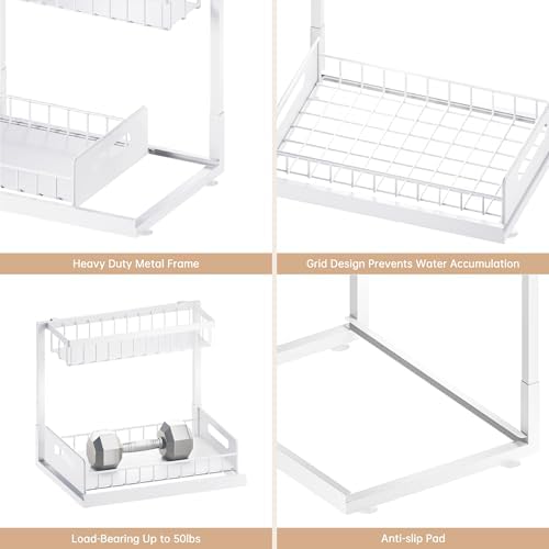 Under Sink Organizer and Storage 2 Pack, Slide Out Cabinet Organizer, Pull Out Sink Shelf for Kitchen Bathroom Laundry, White