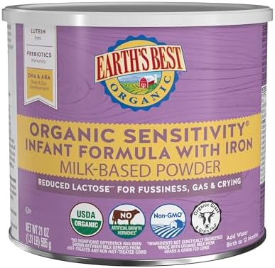 Earth's Best Organic Sensitivity Infant Formula for Babies 0-12 Months, Reduced Lactose Powder Formula with Iron, Omega-3 DHA, and Omega-6 ARA, 32 Ounce Value Container