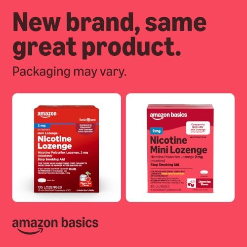 Amazon Basics Mini Nicotine Polacrilex Lozenge, 2 mg, Cherry Ice Flavor, Stop Smoking Aid, 135 Count (Previously Amazon Basic Care)
