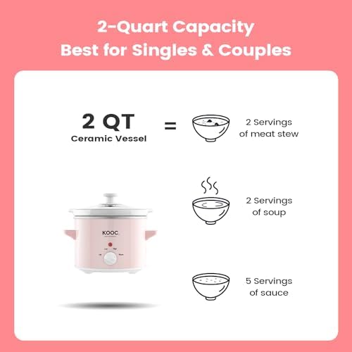 KOOC Small Slow Cooker, 2-Quart, Free Liners Included for Easy Clean-up, Upgraded Ceramic pot, Adjustable Temp, Nutrient Loss Reduction