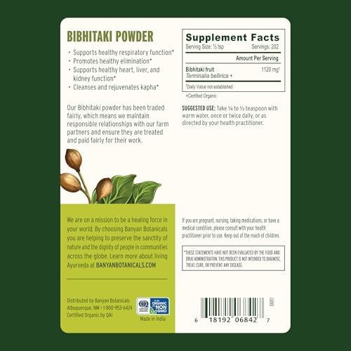 Banyan Botanicals Bibhitaki Powder - Certified Organic, 1/2 Pound - Terminalia belerica - Detoxification and Rejuvenation for kapha*
