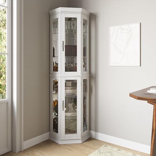 BELLEZE Lighted Wooden Corner Display Curio Cabinet, Two Section Shelving Unit with Tempered Glass Door