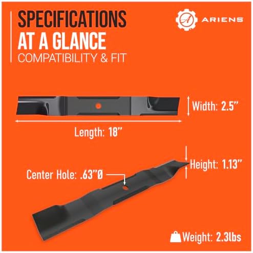 Ariens 3 Pack Alloy Steel 18-Inch Replacement Mower Blades for 52-Inch Deck RIDGELINE and APEX Models, for Enhanced Cutting Efficiency