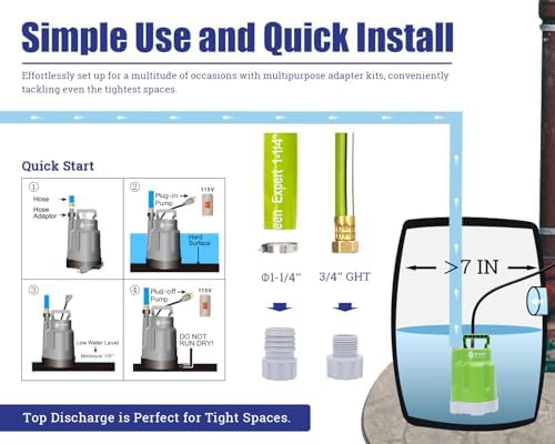 Green Expert Corrosion-Resistant Submersible Utility Pump, Tankless Water Heater Flush Kit Pump Replacement/Upgrade, 1/4HP 1800 GPH, 28FT Head