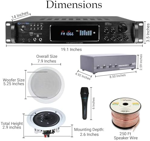 Vaiyer Home Audio System Kit, 7.2 Channel 1500W Bluetooth Amplifier | w/ 8 Qty of 5.25" Ceiling Speakers 175W Each, 4-Ch Speaker Selector