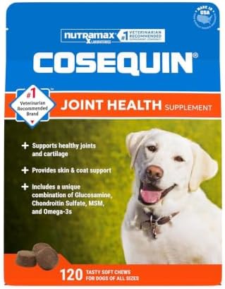 Nutramax Cosequin Joint Supplement for Dogs, Skin & Coat, Soft Chews, 120ct | Glucosamine & Chondroitin for Dogs with MSM, Omega-3s, Supports Joints
