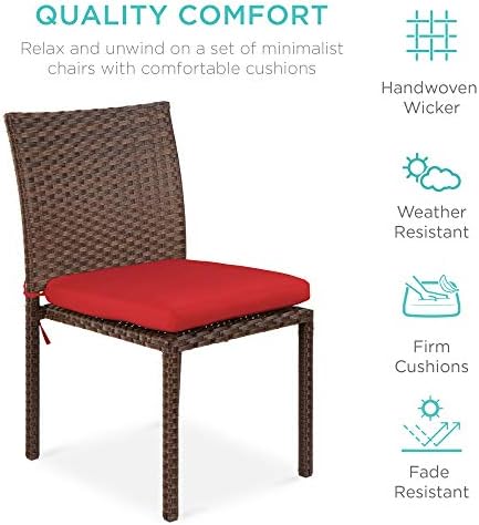Best Choice Products Set of 4 Stackable Outdoor Patio Wicker Chairs w/Cushions, UV-Resistant Finish, and Steel Frame - Brown/Red