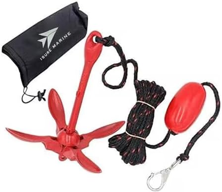 ISURE MARINE Kayak Anchor Kits Portable Folding Grapnel Anchor Buoy Kit Canoe Kayak Raft Boat Sailboat Fishing 3.5 lbs Marine Rope for Small Boats