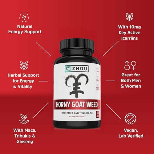 Zhou Horny Goat Weed - Herbal Extract for Men & Women - 60 Veggie Capsules | Supplement with Maca, Tribulus, Tongkat Ali & Ginseng
