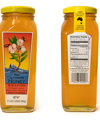 Golden Nectar Organic Leatherwood Honey by R. Stephens – 500g Jar – Product of Tasmania, Australia