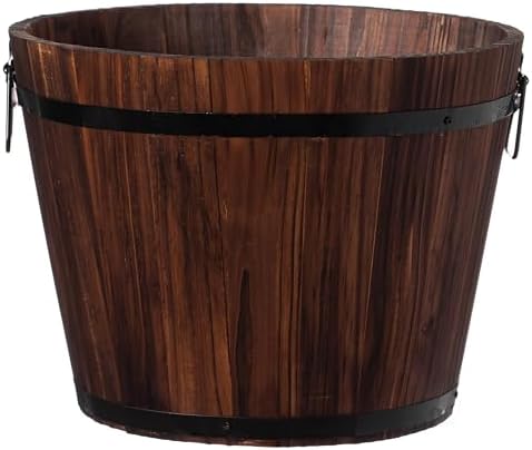 Rustic Wooden Whiskey Barrel Planter with Durable Medal Handles and Drainage Hole - Perfect for Indoor and Outdoor Plants, Herbs, and Vegetables - Medium