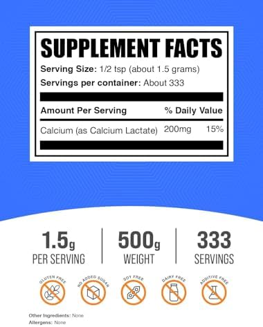 BulkSupplements.com Calcium Lactate Powder - Calcium Supplement Powder, Food Grade - Pure & Gluten Free, 1.5g per Serving, 500g (1.1 lbs) (Pack of 1)