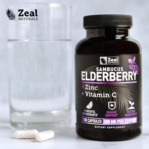 Zeal Naturals Max Strength Elderberry Capsules - 2000mg, 100 Capsules | Sambucus Black Elderberry, Vitamin C