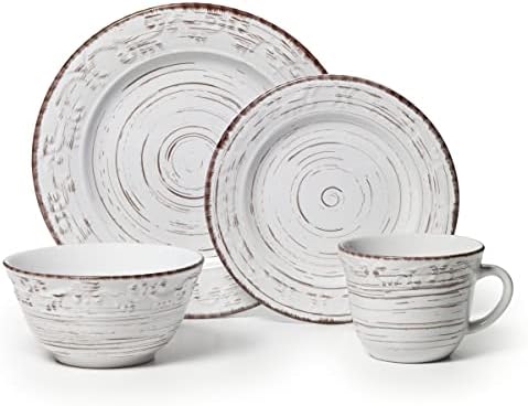 Pfaltzgraff Trellis White 16-Piece Stoneware Dinnerware Set, Service for 4, Distressed White Finish, Microwave & Dishwasher Safe Plates and Bowls