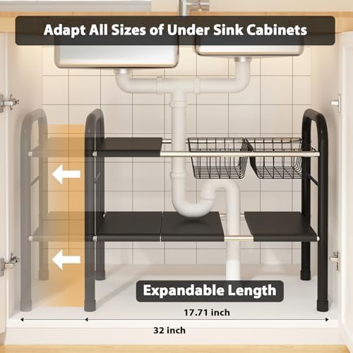 Expandable Under Sink Organizer, 2 Tier Under Sink Shelf | With 2 Removable Baskets and 6 Removable Panels