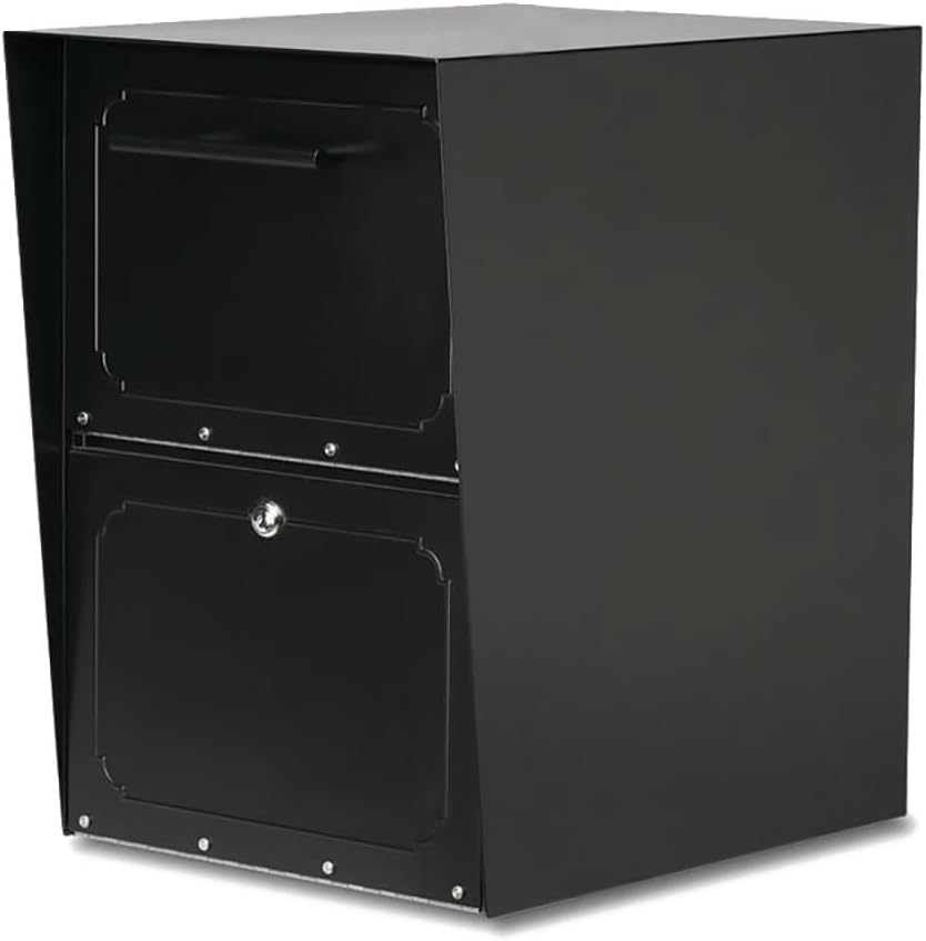 Architectural Mailboxes Oasis Galvanized Steel Package Drop Box, Black, XL | Rust-resistant parcel locker with a secure cam lock, an anti-theft hopper door, and a powder-coat finish.