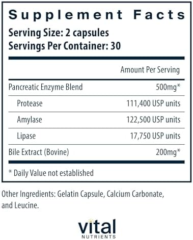 Vital Nutrients Pancreatin & Ox Bile Extract 500mg - Natural Digestive Enzymes for Women & Men - Supports Digestion of Protein, Fat, and Carbohydrates*- Gluten, Dairy & Soy Free - 60 Capsules