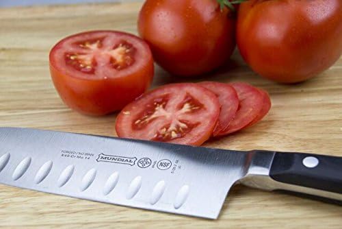 Mundial 5100 Series 7-Inch Granton Edge Santoku Knife with Black Handle, Ideal Knife for Meat and Vegetables, Precise Cuts for Julienning Thin Slices