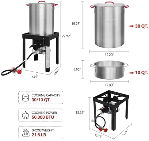 CreoleFeast TFS3010 Propane 30 Qt. Turkey and 10 Qt. Fish Fryer Boiler Steamer Set, 50,000 BTU Burner, Ideal for Outdoor Cooking