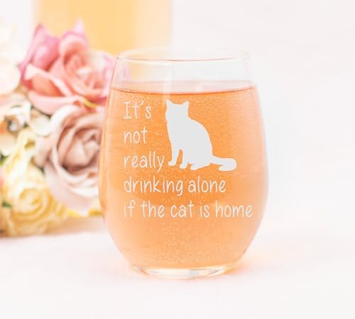 C M The Cat is Home Funny Stemless Wine Glass, Style C1 | Cat Themed Gift, For Women and Men, 17 oz