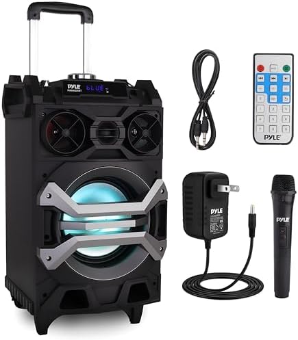 Pyle 500 Watt Portable BT Connectivity Karaoke Speaker System - PA Stereo with 8" Subwoofer, DJ Lights Rechargeable Battery Microphone