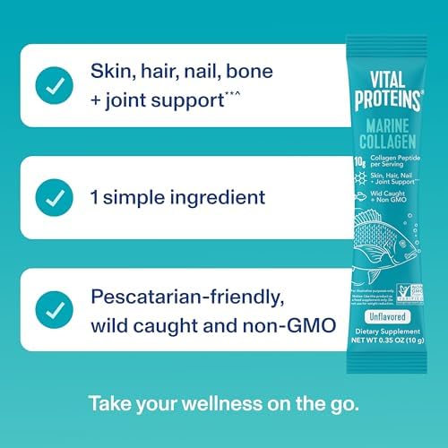 Vital Proteins Marine Collagen, Unflavored Stick Packs, 20 Count | Marine Collagen Peptides, Supports Hair Skin Nails & Joints, 10g Per Packet, Travel-Friendly Stick Packs, 20 Servings