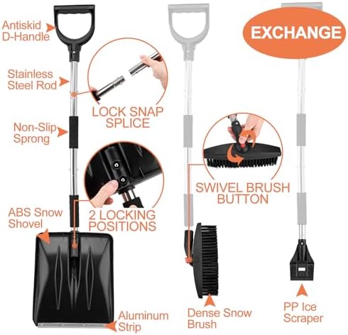 3-in-1 Portable Snow Shovel Kit with Ice Scraper and Snow Brush | Emergency Collapsible Design Snow Remover Set for Garden, Camping, Car