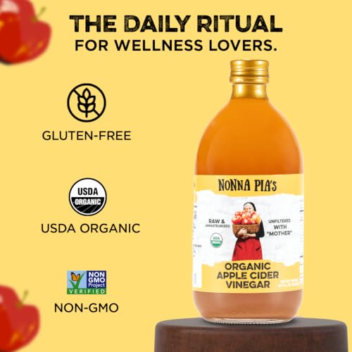Nonna Pia's Organic Apple Cider Vinegar with Mother 16.9 oz, Raw Unfiltered | ACV with mother