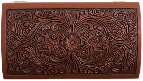 NOVICA Artisan Handmade Leather Cedar Wood Jewelry Chest Bird Pattern from Peru Brown Boxes Colonial Floral Animal Themed [8.25in H x 11.5in W x 6in