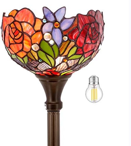 WERFACTORY Tiffany Floor Lamp Red Rose Flower Stained Glass Light Torchiere | 10X10X71 Inches Pole Standing Corner Torch Uplight Decor Bedroom
