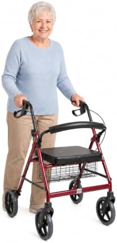 DMI Extra-Wide Heavy Duty Steel Bariatric Mobility Rollator Walker with Seat and Basket, Burgundy, Folding