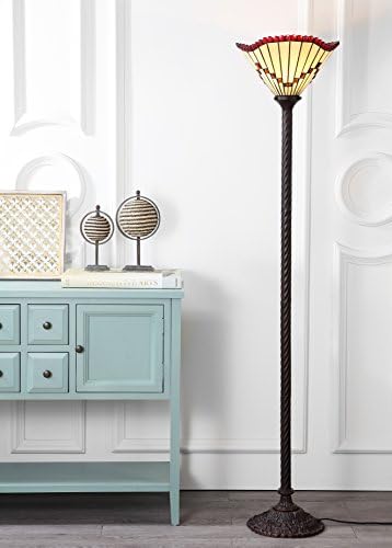JONATHAN Y Smith 70.5" Tiffany-Style Torchiere Floor Lamp, Bronze | Handcrafted Multicolor Stained Glass Shade, Barley-Twist Metal Base, Foot Switch