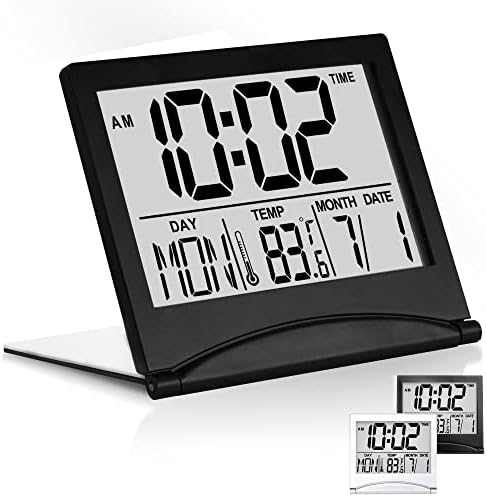 Betus Digital Travel Alarm Clock - Foldable Calendar Temperature Timer LCD Clock with Snooze Mode - Large Number Display, Battery Operated - Compact Desk Clock(Silver, No Backlight)