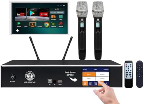 Professional 2500W YouTube Karaoke System | 4-in-1 Touchscreen Karaoke Amplifier with Android, Bluetooth, Anti-Feedback Mixer, 2 Wireless Microphones