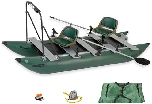 Sea Eagle 375fc FoldCat 1-2-Persons Inflatable Fishing Pontoon Boat, Lightweight & Portable, w/2 Green Swivel Seats, Pedestal, Oar Set, Scotty Rod Holders, Boat Bag, & Pump
