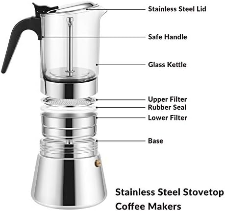 Geesta Premium Crystal Glass-Top Stovetop Espresso Moka Pot - 4/6/ 9 Cups - Stainless Steel Coffee Maker- 160ml/5.6oz/4 cup (espresso cup=40ml)