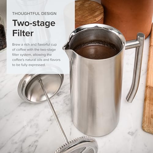 Frieling Double-Walled Stainless Steel French Press Coffee Maker - 36 oz Polished & Insulated Press Pot - Stainless Steel Coffee Maker