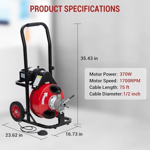 GarveeTech Auto Feed 100 ft x 3/8 in Drain Cleaner Machine with 250W Motor | Portable Sewer Snake Auger with 8 Cutters & Air-Activated Foot Switch, Fits 1 in to 4 in Pipes, Black & Red