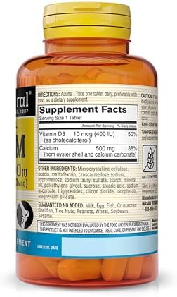 MASON NATURAL Calcium 500 mg (Oyster Shell) with Vitamin D3 to Support Normal Bone and Muscle Function, 250 Tablets
