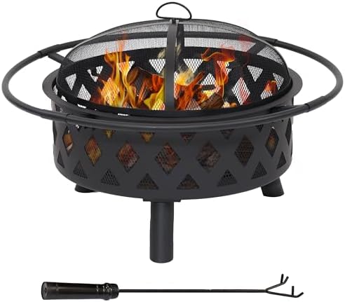 Sunnydaze Crossweave Large Outdoor Fire Pit, Wood Burning, Round, 36" | Black, Heavy Duty Steel Metal, Patio Fire Pit with Spark Screen, Poker, & Cover, Wood Firepit for Outside, Backyard, or Deck