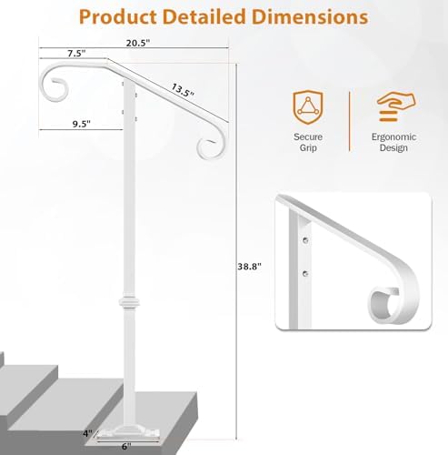 Wrought Iron Handrail 38.8" H, Single Post Handrail Fits 1 or 2 Steps