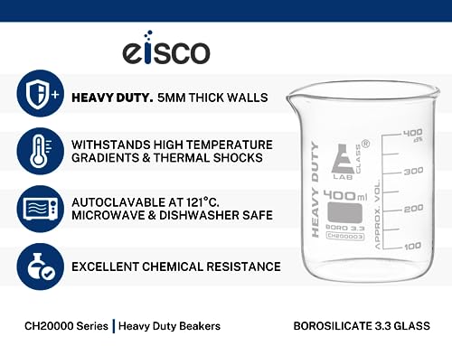 Eisco Measuring Beaker, Borosilicate 3.3 Glass, White Graduations, 50ml | Heat & Chemical Resistant, Thermal Shock Ready, 2.2mm Uniform Walls