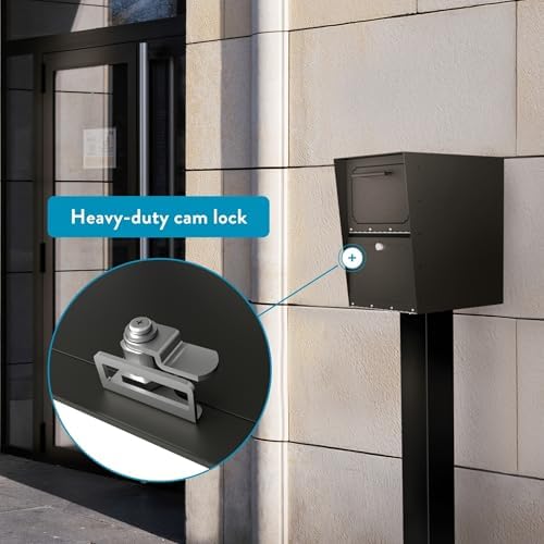 Architectural Mailboxes Oasis Galvanized Steel Package Drop Box, Black, XL | Rust-resistant parcel locker with a secure cam lock, an anti-theft hopper door, and a powder-coat finish.