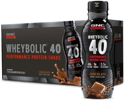 GNC AMP Wheybolic 40, Chocolate, 14 oz, 12 Bottles | Ready to Drink Whey Protein with 40G Protein and Betapower to Support Strength