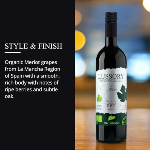 Lussory Organic Merlot Dealcoholized 0.0% Non Alcoholic Wine Red From Spain, Low Calories, Organic, Vegan (750ml, 1 Bottle)