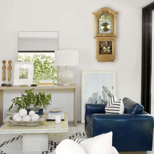 Bedford Clock Collection Classic Chiming Wall Clock with Swinging Pendulum, Golden Oak