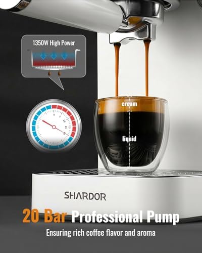 SHARDOR Espresso Machine 20 Bar, Professional Espresso Machine with Milk Frother and Touchscreen, Expresso Coffee Machines with Adjustable Temperature,for Cappuccino, Latte, Stainless Steel, White