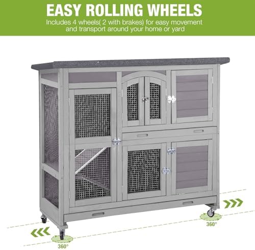 GUTINNEEN Rabbit Hutch Indoor Outdoor Bunny House Guinea Pig Cage on Wheel with Plastic Tray