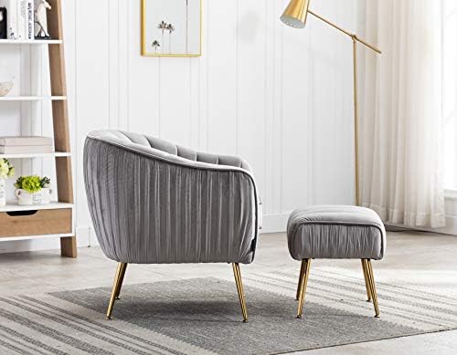 Velvet Modern Tub Barrel Arm Chair Upholstered Tufted with Gold Metal Legs Accent Club Chair with Ottoman Footrest for Living Reading Room Bedroom